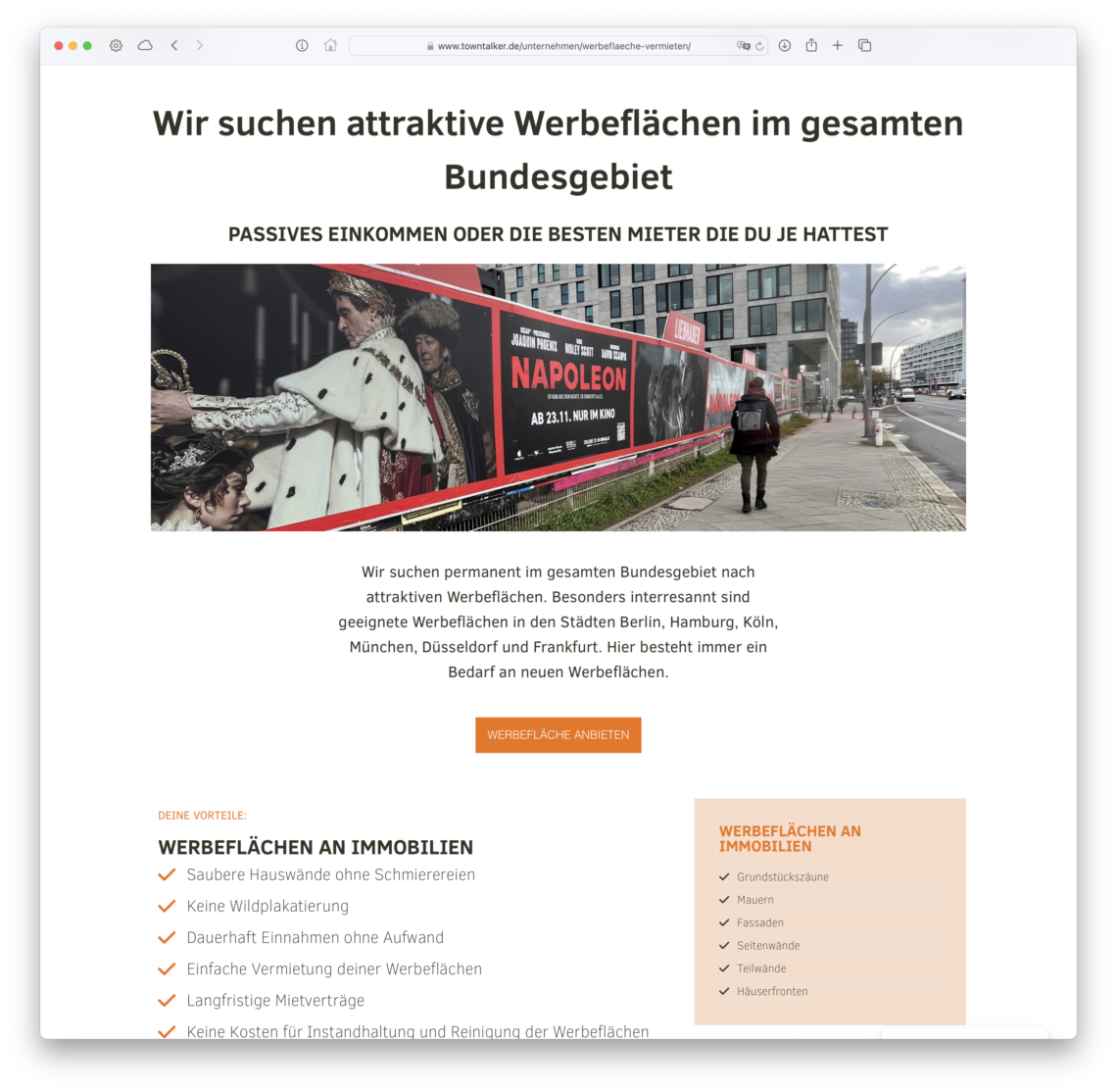 Landingpage damit Werbeflächen angeboten werden können