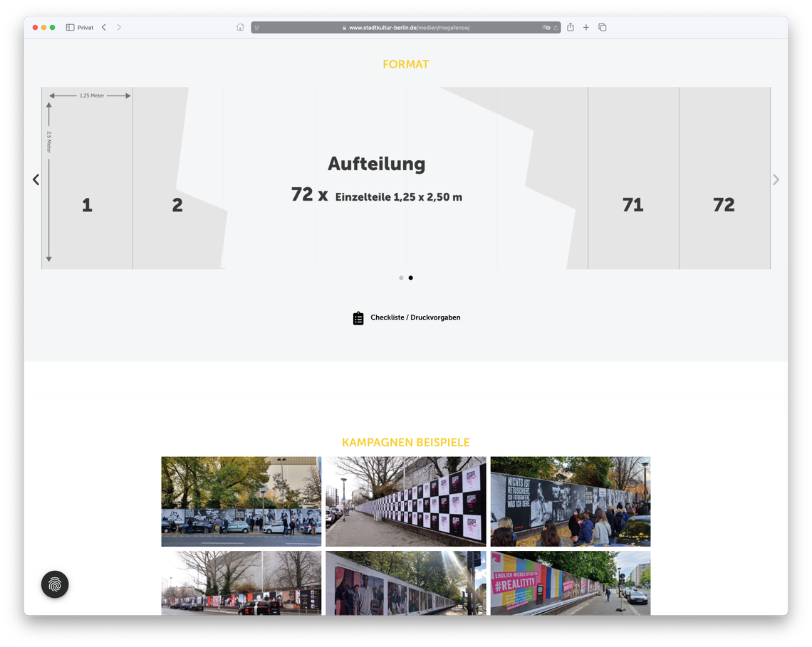Screenshot der Seite für das Werbemedium MegaFence. Ein MegaFence wird für die Produktion in 72 Teile aufgeteilt. Darunter ist die Fotogalerie mit Impressionen von diesem Standort zu sehen.