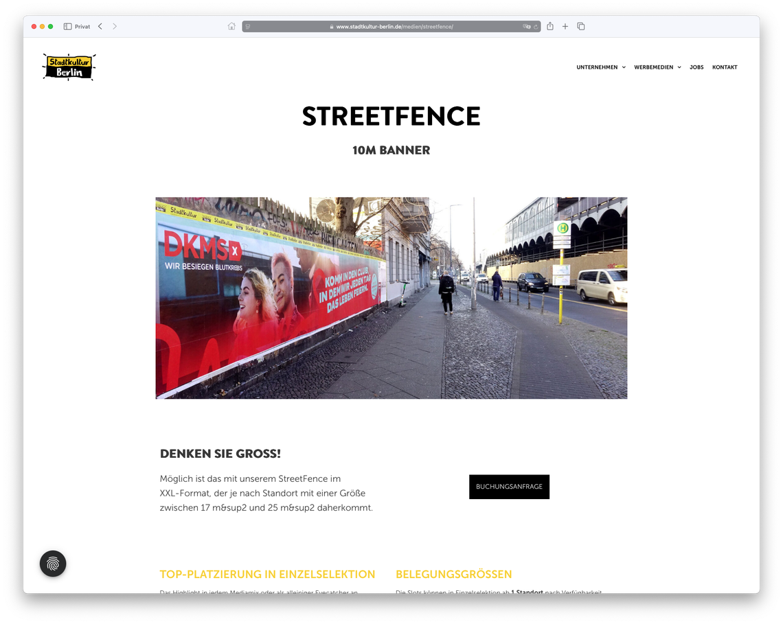 Referenz für Webdesign: Screen der Produktseite mit dem Werbemedium StreetFence.